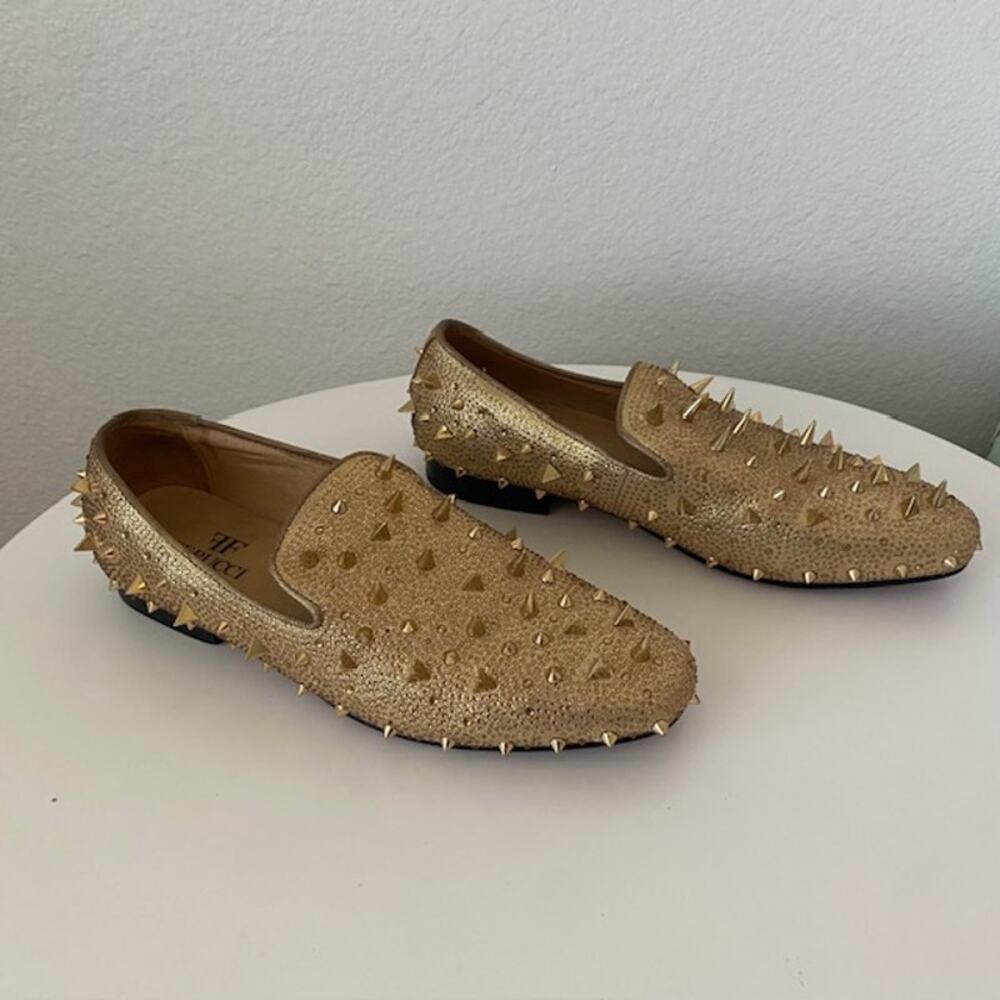 Ferucci Gold Spike Loafers Slippers Crystal GZ Rhinestones Slip-On Men's‎ 10
